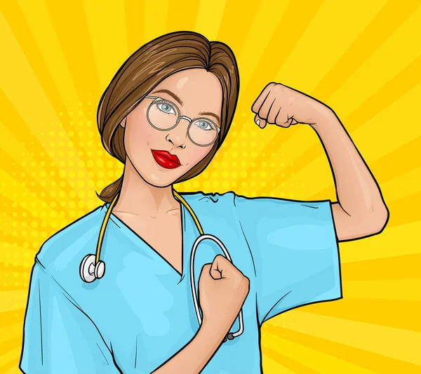 Pop art doctor woman demonstrating her strength by fist — Stock Vector