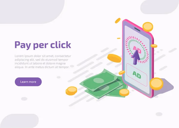 Pay per click isometric landing page — Stock Vector