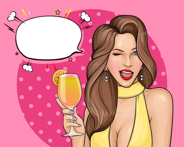 Pop art femme clin d'oeil avec cocktail à la main — Image vectorielle