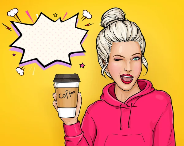 Pop art guiño mujer con taza de café — Vector de stock