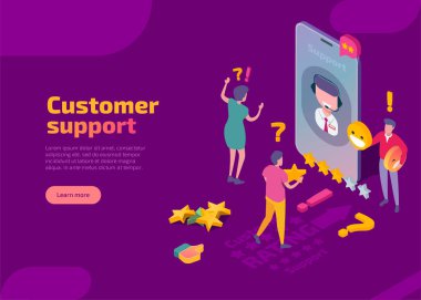 Çevrimiçi müşteri desteği izometrik iniş sayfası, web pankartı
