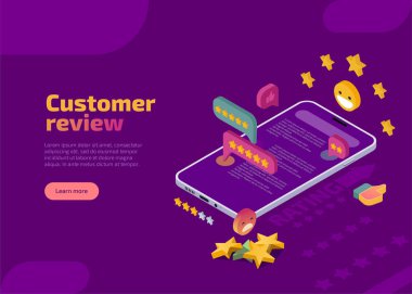 Müşteri incelemesi, değerlendirme ve geribildirim izometrik iniş sayfası