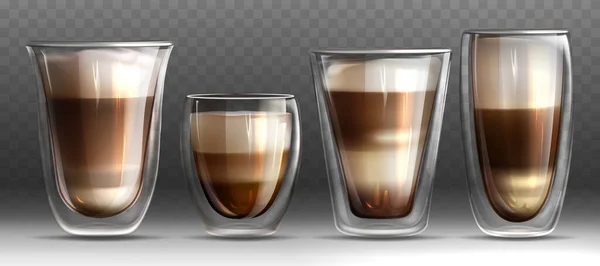 Tasses en verre de formes différentes réalistes avec café chaud — Image vectorielle