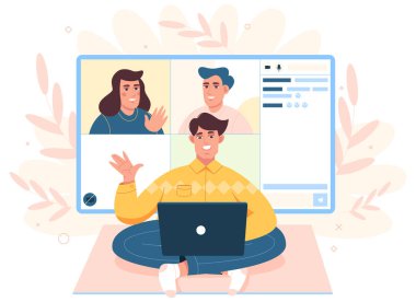 Adam video konferansı yapıyor, internet üzerinden iş görüşmesi yapıyor.