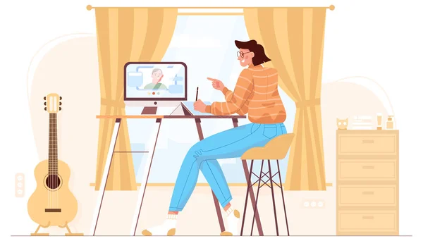 Woman work at home office at remote job — Stock Vector