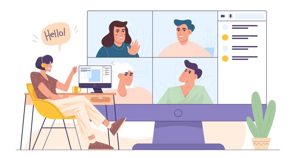 Kadın iç ofiste çalışıyor ve video toplantısı yönetiyor.