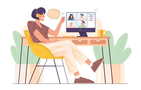 Young girl working in home office and conducting video meeting — Stock Vector