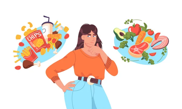 Fet kvinna väljer mellan hälsosam och ohälsosam mat — Stock vektor
