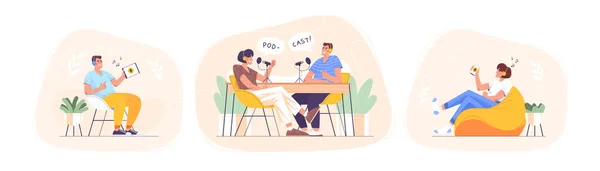 Boldog emberek hallgatása és rögzítése audio podcast — Stock Vector