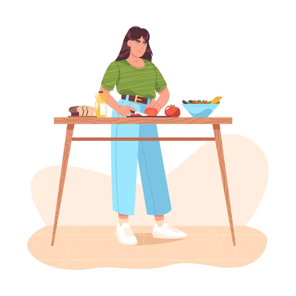 Kvinna förbereder vegetarisk hälsosam mat, grönsakssallad — Stock vektor
