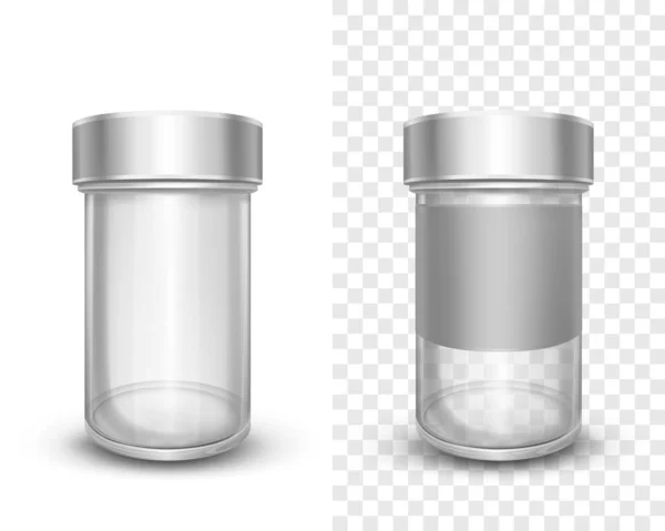 Vasi di vetro vuoti con coperchi in metallo argento per spezie — Vettoriale Stock