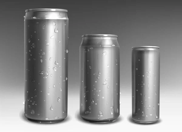 Silver aluminum cans with water drops in realistic style — Stock Vector