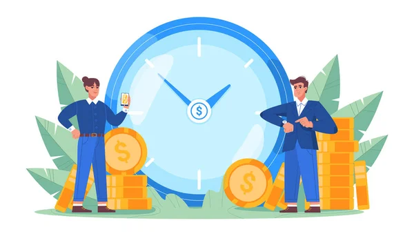 Time is money concept with big clock, coins and business people — Stock Vector