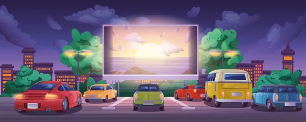有车和闪亮的大银幕的免下车电影院 — 图库矢量图片
