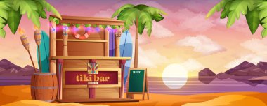 Deniz kıyısındaki tahta tiki bar. Gün batımında çizgi film tarzında.