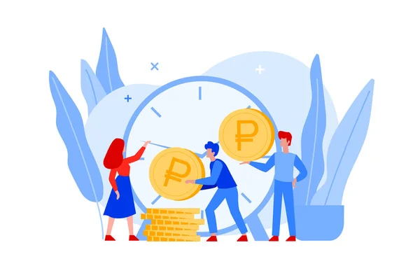 Time is money concept with big clock, coins and busy people — Stock Vector