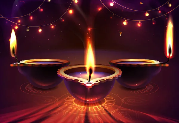 Fond de fête Diwali avec des bougies diya réalistes, rangoli — Image vectorielle