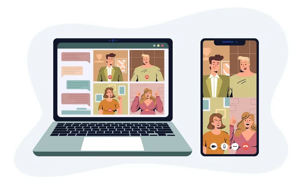 Videoconferencia con colegas vía teléfono y portátil — Archivo Imágenes Vectoriales