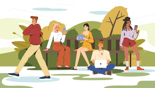 Persone piatte sedute sulla panchina nel parco cittadino e utilizzando gadget — Vettoriale Stock
