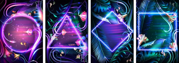 具有不同几何形状的霓虹灯框架的热带背景 — 图库矢量图片