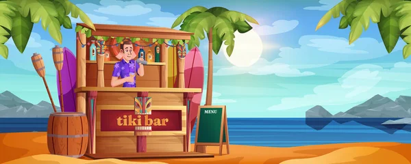Sommerstrand mit Tiki-Bar und Barmann im Cartoon-Stil — Stockvektor