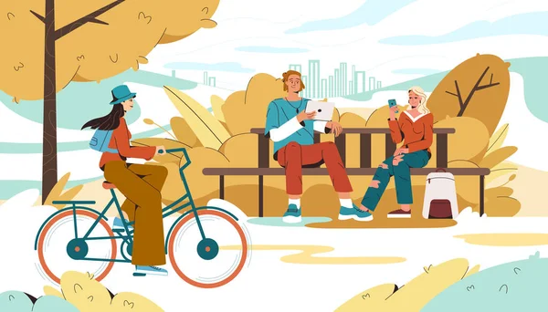 秋城公园，人们用的是小玩意和骑自行车的女孩 — 图库矢量图片