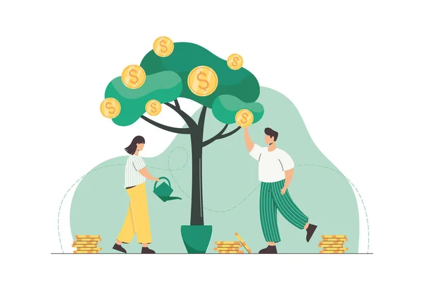 Gente plana regando árbol de dinero y recogiendo monedas de oro — Vector de stock