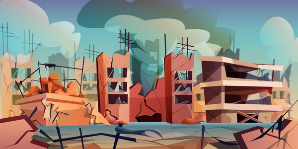 Città distrutta dopo la guerra o disastro naturale in stile cartone animato — Vettoriale Stock