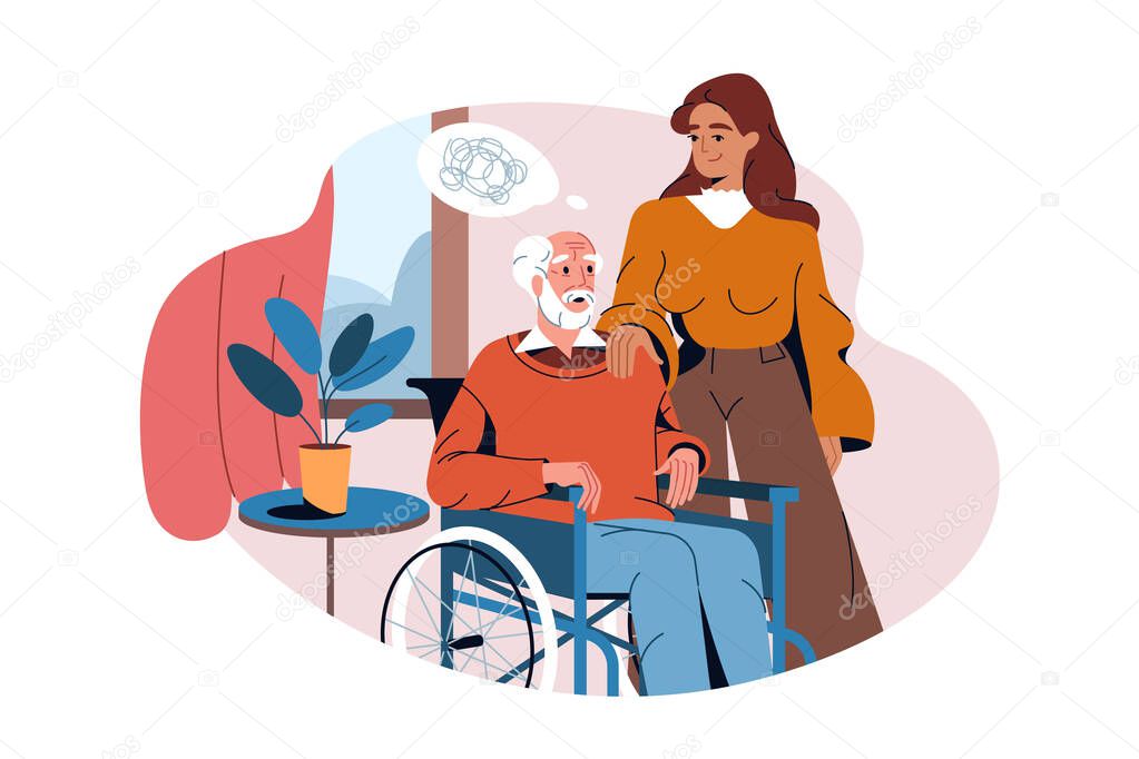 Old man in wheelchair suffer from dementia or alzheimers disease