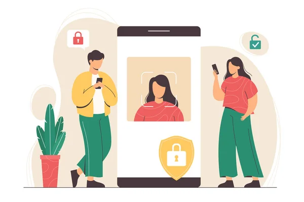 Gente plana con caras de escaneo de teléfonos inteligentes para desbloquear el dispositivo — Vector de stock