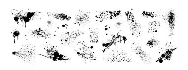 Sprey boya mürekkep damlaları, sıvı sıçramaları, lekeler. Siyah lekeler, grafiti lekeleri, sıçramalar, tozlu grunge etkisi olan mürekkep lekeleri. Boya fırçası damlaları, leke, kirli sıçrama lekeleri veya damlalar vektör kümesi