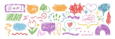 El çizimi pastel boya baloncukları, dalgalı çizgiler ve çocuk karalamaları. Tebeşir kalem dokusu şirin çocuk karalama simgeleri seti. Renkli metin kutusu, diyalog balonları, çerçeve, çiçek, taslak şeklinde kalpler