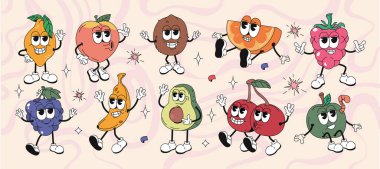Eski moda hippi meyveleri ve çılgın karakterlerin vektör seti. Çizgi film tatlı yaz çıkartmaları, komik karikatür elma, kiraz, limon, avokado, fındık, böğürtlen ve komik yüzlü ahududu.