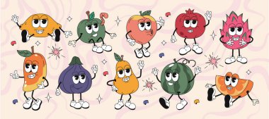 Eski moda hippi meyve karakterlerinin vektör seti. Çizgi film tatlı yaz yemekleri, komik karikatür çizimleri elma, limon, karpuz, incir, portakal, şeftali ve komik yüzlü tropikal mango.