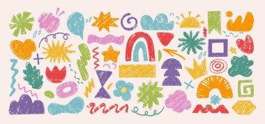Oyuncu el çizimleri soyut şekiller ve pastel boya desenli karalamalar. Şirin naif semboller, kıvrımlar ve renkli geometrik çocuk unsurları, çağdaş figürler sanat. Çocuk tasarım çıkartmalarının vektör kümesi