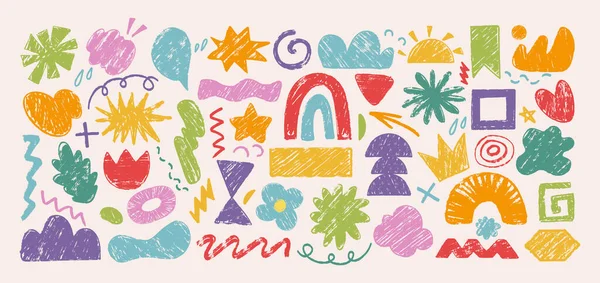 Oyuncu el çizimleri soyut şekiller ve pastel boya desenli karalamalar. Şirin naif semboller, kıvrımlar ve renkli geometrik çocuk unsurları, çağdaş figürler sanat. Çocuk tasarım çıkartmalarının vektör kümesi