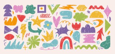Oyuncu el çizimleri soyut şekiller, siluetler, pastel boyalı karalamalar. Şirin saf sembol, kıvrımlar, renkli geometrik çocuk unsuru, çağdaş figür sanatı. Çocuk tasarım etiketi vektörü seti