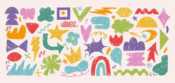 Oyuncu el çizimleri soyut şekiller, siluetler, pastel boyalı karalamalar. Şirin saf sembol, kıvrımlar, renkli geometrik çocuk unsuru, çağdaş figür sanatı. Çocuk tasarım etiketi vektörü seti