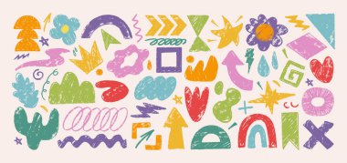 Oyuncu el çizimleri soyut organik şekiller, siluetler, pastel boyalı karalamalar. Şirin saf semboller, kıvrımlar, renkli geometrik çocuk unsurları, çağdaş figür sanatı. Çocuk tasarım çıkartmaları