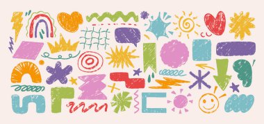 Oyuncu el çizimleri soyut şekiller, konuşma baloncukları, metin kutuları, pastel desenli karalamalar. Şirin saf semboller, kıvrımlar, renkli geometrik çocuk unsuru, basit figür sanatı. Çocuk tasarım çıkartmaları