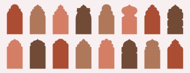 İslami kapı ve çerçeveler, Arap geometrik siluetleri. Eski cami penceresi doğu Arap tarzında şekillenir. Müslüman mimari unsurları seti, Fas asgari geçidi. Ramazan kareem etiket tasarımı