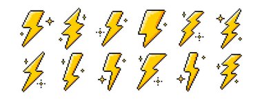 Pixel sanat yıldırımı simgeleri eski 8bit tarzında. Video oyunları için sarı gök gürültüsü sembolleri, ui, hud, düğmeler ve atari salonu tasarımı. Beyaz arkaplanda enerji, voltaj veya piksel elementler