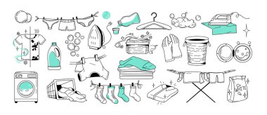 Elle çizilmiş çamaşır karalama ikonları. Basit çizgili sanat seti kuru askı, deterjan, çamaşır makinesi, ütü, sepetler, ipteki çoraplar, ev eldivenleri, yüzen sabun köpükleri ve temizlik malzemeleri.