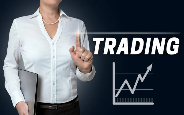 Trading touchscreen is operated by businesswoman — Stock Photo, Image