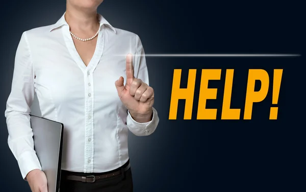 Hilfe-Touchscreen wird von Geschäftsfrau bedient — Stockfoto