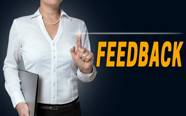 Feedback touchscreen is operated by businesswoman — Stock Photo, Image