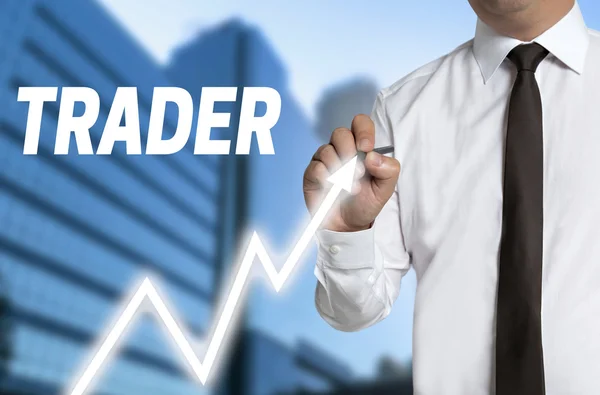 Trader draws market price on touchscreen — Stock Photo, Image
