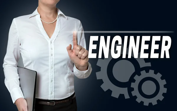 Engineer touchscreen is served by businesswoman — Stock Photo, Image