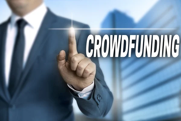 Crowdfunding touchscreen is operated by businessman background — Stock Photo, Image