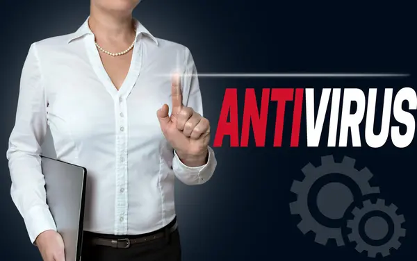 Tela sensível ao toque antivírus é operado por empresária fundo — Fotografia de Stock
